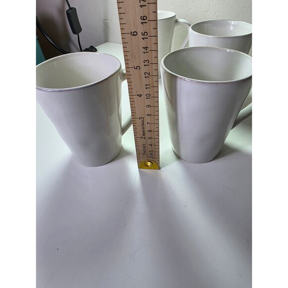 CRATE & BARREL Cream Off White Tan Rim Rustic Country Coffee Mugs Set of 2 - Picture 6 of 7
